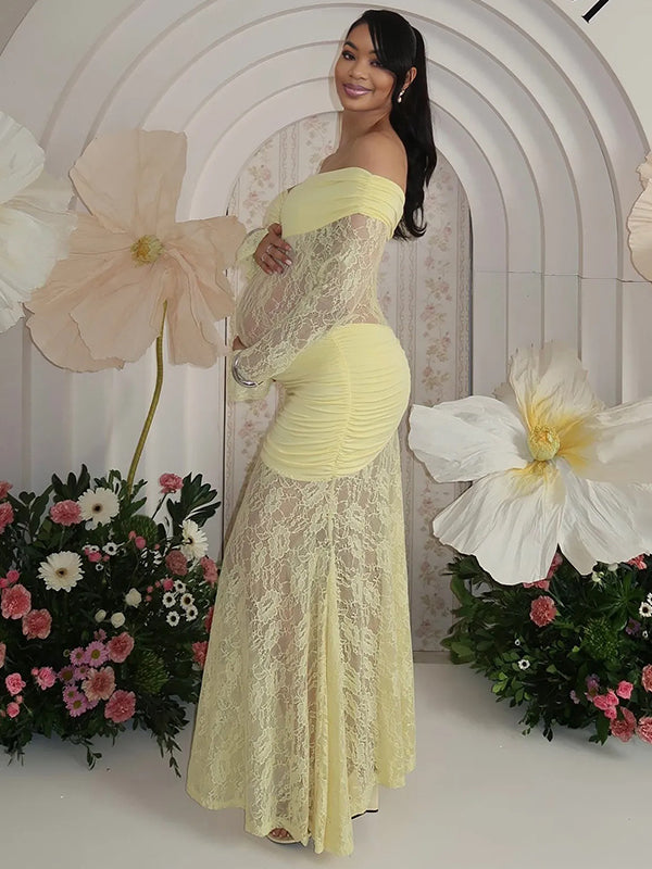 Momnfancy Boat Neck Mermaid Bodycon Sheer Ruched Lace Maternity Maxi Dress