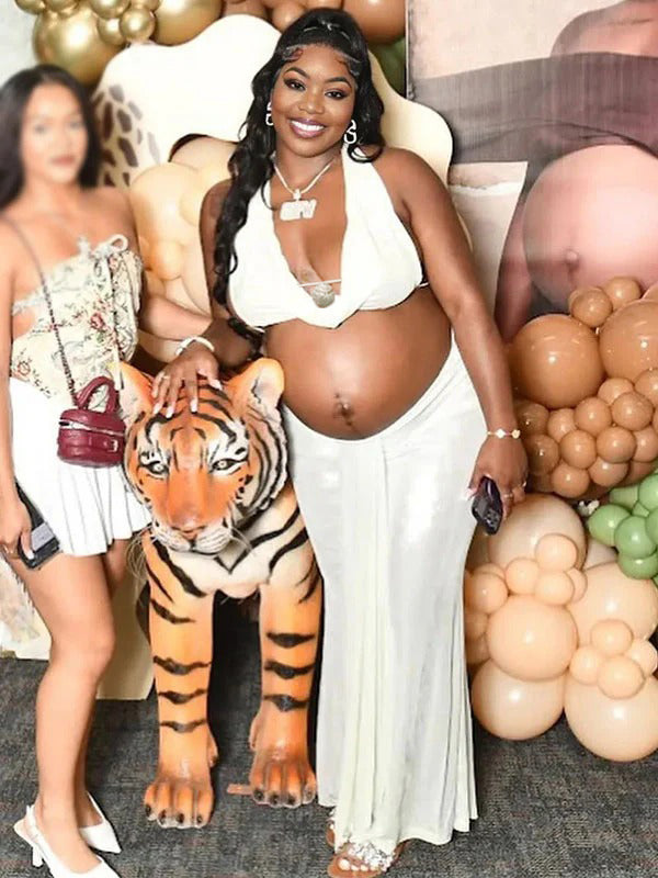 Momnfancy Halter Neck Crop Bodycon Draped Baby Shower Maternity Maxi Dresses