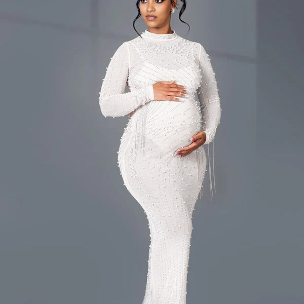 Momnfancy Solid Color Diamond Mesh Rhinestone Tassel Sheer Bodycon Plus Size Evening Photoshoot Maternity Maxi Dress