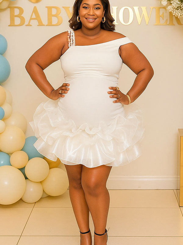 Momnfancy White Off Shoulder Peal Tulle Party Baby Shower Bodycon Maternity Mini Dress