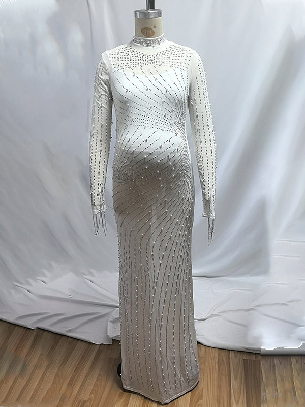 Momnfancy Apricot Mesh Rhinestone Tassel Bodycon Plus Size Photoshoot Maternity Maxi Dress