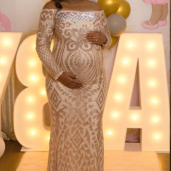 Momnfancy Belly Friendly Off Shoulder Sequin Mermaid Evening Babyshower Maternity Maxi Dress