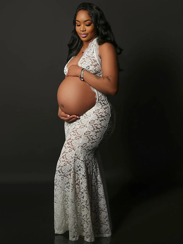 Momnfancy White Lace Cut Out Backless Mermaid Sheer Elegant Photoshoot Maternity Maxi Dress