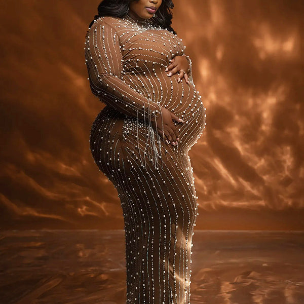 Momnfancy Brown Mesh Peal Rhinestone Tassel Bodycon Evening Gown Plus Size Photoshoot Maternity Maxi Dress