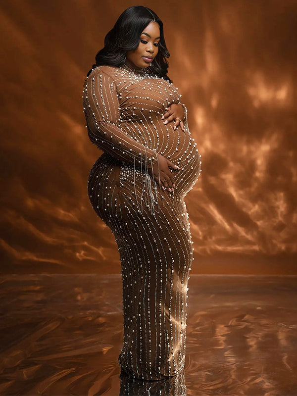 Momnfancy Brown Mesh Peal Rhinestone Tassel Bodycon Evening Gown Plus Size Photoshoot Maternity Maxi Dress