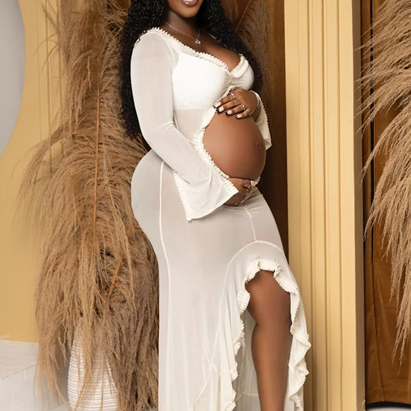 Momnfancy Mesh Ruffle Cut Out Crop Irregular Split Sheer Photoshoot Maternity Maxi Dress