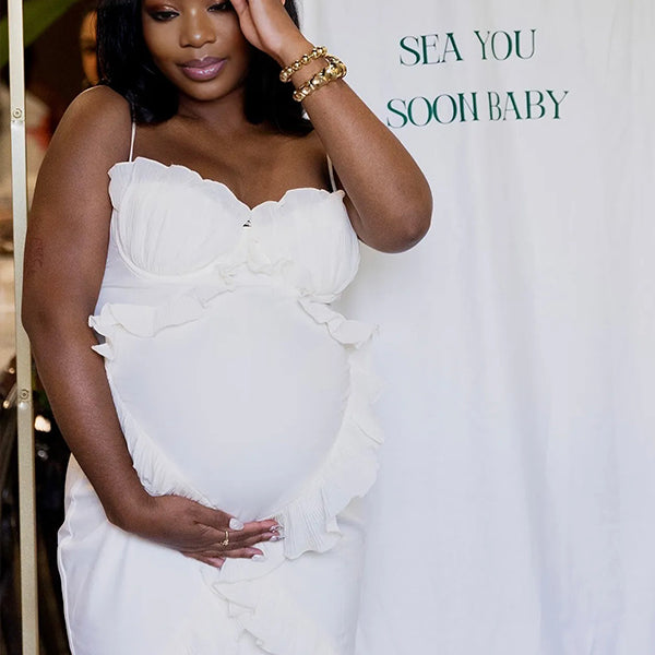 Momnfancy White Tulle Splicing Ruffle Spaghetti Strap Backless Cami Bodycon Party Baby Shower Maternity Maxi Dress