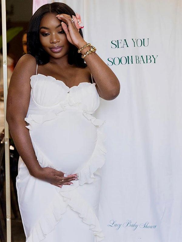 Momnfancy White Tulle Splicing Ruffle Spaghetti Strap Backless Cami Bodycon Party Baby Shower Maternity Maxi Dress