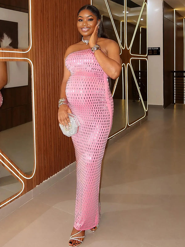 Momnfancy Tube Rhinestones Sparkly Bodycon Backless Party Gown Maternity Maxi Dress