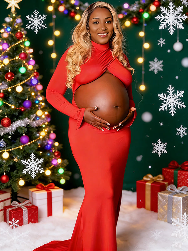 Momnfancy Red Cross Front Crop Cut Out Maternity Photoshoot Dress