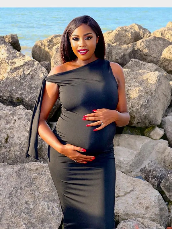 Momnfancy Black Lace-up Irregular Bodycon Sleeveless Party Maternity Maxi Dress