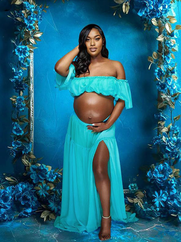 Momnfancy 2-in-1 Boat Neck Side Slit Trailing Maternity Maxi Dress