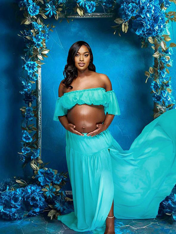 Momnfancy 2-in-1 Boat Neck Side Slit Trailing Maternity Maxi Dress