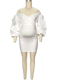 Momnfancy White Off Shoulder Backless V-Neck Lantern Sleeve Bodycon Cute Cocktail Party Baby Shower Maternity Mini Dress