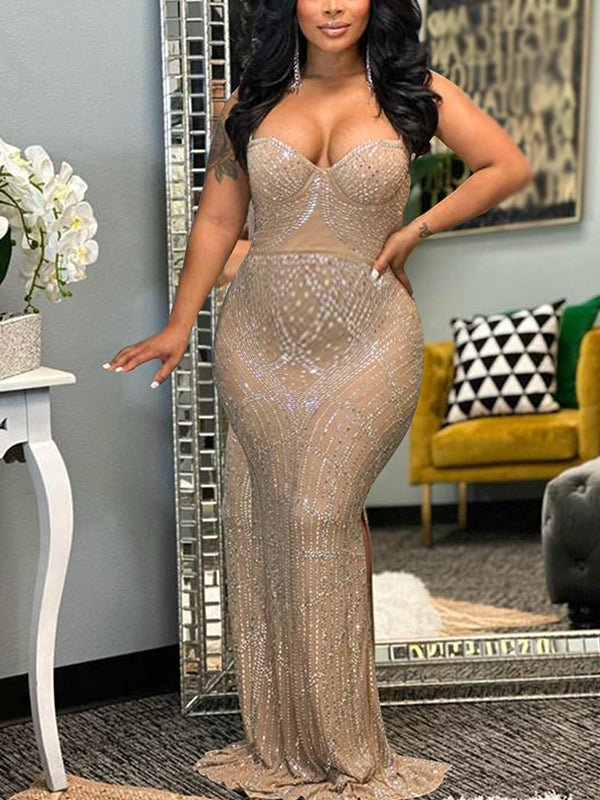 Momnfancy Diamond Mesh Rhinestone Slit Cami Spaghetti Straps Bodycon Elegant Evening Maternity Maxi Dress