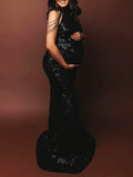 Momnfancy Black Patchwork Tassel Sequin Halter Neck Baby Shower Photoshoot Pregnancy Sparkly Prom Maternity Maxi Dress
