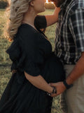 Momnfancy Black Falbala Drawstring Single Breasted Front Slit Elegant Chic Babyshower Maternity Maxi Photoshoot Dress