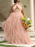 Momnfancy Patchwork Halter Neck Grenadine Tulle Plus Size Prom Party Maternity Maxi Dress