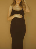 Momnfancy Black Spaghetti Straps U-neck Sleeveless Bodycon Cami Basic Maternity Daily Going Out Maxi Dress