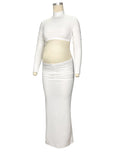 Momnfancy Solid Color Ruffle High Neck Crop Top 2-in-1 Long Sleeve Bodycon Club Party Photoshoot Maternity Maxi Dress