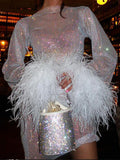 Momnfancy White Patchwork Feather Fishnet Pregnancy Photoshoot Photography Maternity Mini Dress