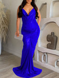 Momnfancy Bronzing Spaghetti Strap V-Neck Backless Photoshoot Evening Maternity Maxi Dress