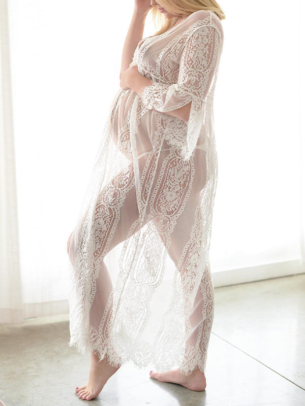 Momnfancy White Lace High Split Flare Sleeve Beach Elegant Photoshoot Gown Maternity Maxi Dress