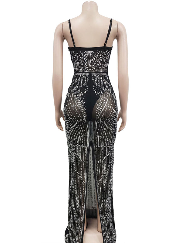 Momnfancy Diamond Mesh Rhinestone Slit Cami Spaghetti Straps Bodycon Elegant Evening Maternity Maxi Dress