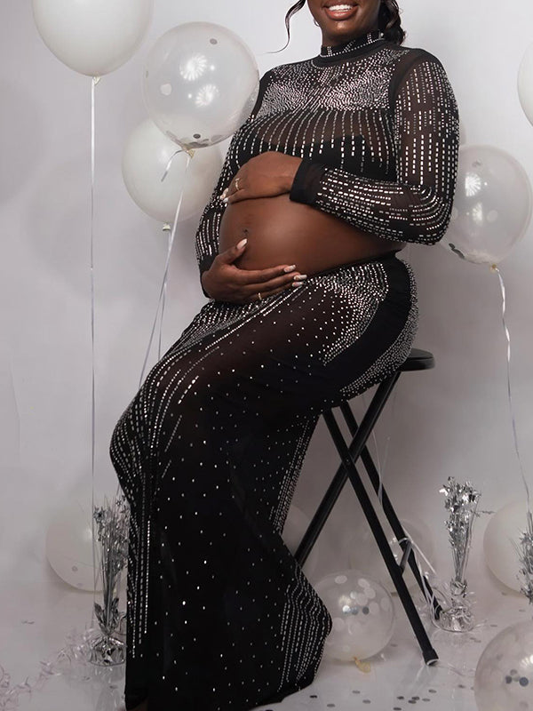 Momnfancy Black Mesh Two Piece Bodycon Diamond Photoshoot Plus Size Elegant Maternity Maxi Dress