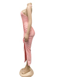 Momnfancy Halter Neck Backless Cut Out Drawstring Side Slit Bodycon Fashion Photoshoot Club Maternity Maxi Dress