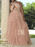 Momnfancy Patchwork Halter Neck Grenadine Tulle Plus Size Prom Party Maternity Maxi Dress