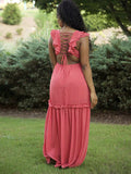 Momnfancy Pink Cut Out Ruffle Backless Tie Back Deep V-neck Elegant Party Maternity Baby Shower Maxi Dress