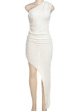 Momnfancy White Off Shoulder Irregular Ruffle Side Slit Bodycon Elegant Baby Shower Party Maternity Maxi Dress