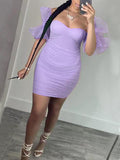 Momnfancy Purple Patchwork Grenadine Ruched Off Shoulder Bodycon Baby Shower Party Pregnancy Maternity Mini Dress