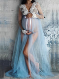 Momnfancy Lace Grenadine V-neck Split Front Robe Photography Props Maternity Photoshoot Maxi Dress