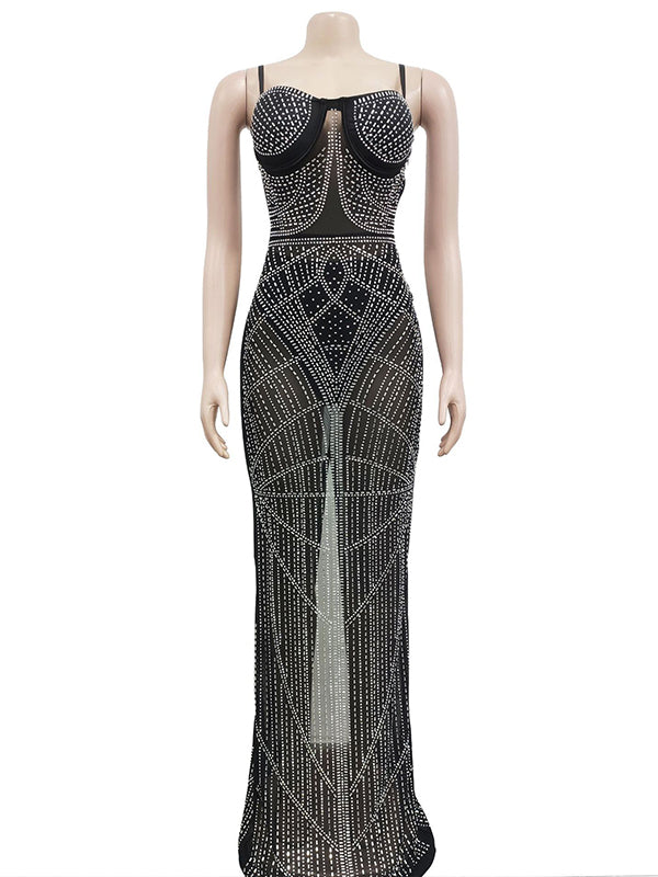 Momnfancy Diamond Mesh Rhinestone Slit Cami Spaghetti Straps Bodycon Elegant Evening Maternity Maxi Dress