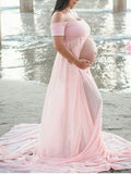 Momnfancy Front Slit Bandeau Off Shoulder Draped Maternity Maxi Dress