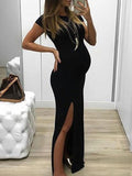 Momnfancy Side Slit Bodycon Round Neck Short Sleeve Casual Maxi Maternity Dress