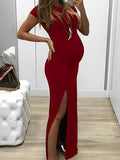 Momnfancy Side Slit Bodycon Round Neck Short Sleeve Casual Maxi Maternity Dress