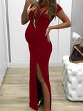 Momnfancy Side Slit Bodycon Round Neck Short Sleeve Casual Maxi Maternity Dress