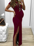 Momnfancy Side Slit Bodycon Round Neck Short Sleeve Casual Maxi Maternity Dress