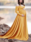 Momnfancy Off Shoulder Pleated Long Sleeve Babyshower Maternity Maxi Dress