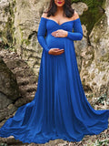 Momnfancy Off Shoulder Pleated Long Sleeve Babyshower Maternity Maxi Dress