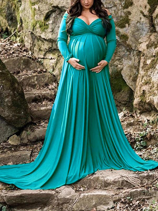 Momnfancy Off Shoulder Pleated Long Sleeve Babyshower Maternity Maxi Dress