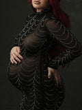 Momnfancy Rhinestone Bodycon Mesh Long Sleeve Evening Club Formal Photoshoot Maternity Maxi Dress