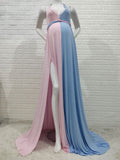 Momnfancy Pink-Blue Lace V-neck Cami Spaghetti Strap Slit Backless Gender Reveal Photoshoot Cute Maternity Photoshoot Maxi Dress