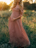 Momnfancy Ruffle Off Shoulder Draped Smocked Boho Photoshoot Maternity Maxi Dress