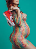 Momnfancy Rainbow Colorful Off Shoulder Hollow Out Bodycon Sheer Fashion Maternity Photoshoot Mini Dress