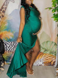 Momnfancy Green Asymmetric Shoulder Side Slit Mermaid Bodycon Jungle Theme Baby Shower Prom Party Maternity Maxi Dress