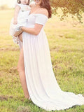 Momnfancy Short Sleeve Off Shoulder Slit For Babyshower Maxi Maternity Dress